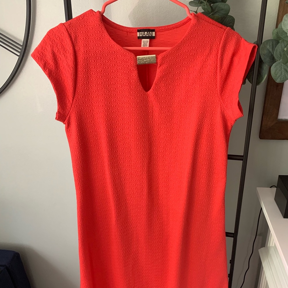 Coral mini dress with gold neck detail